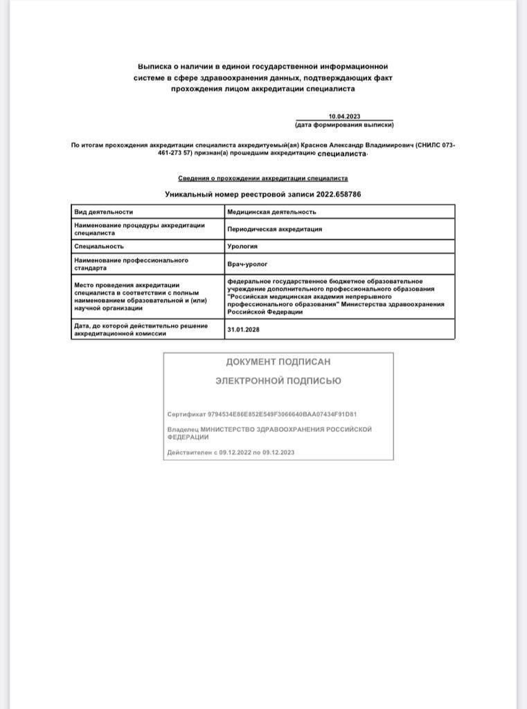 Выписка о прохождении периодической аккредитации по специальности «Урология»